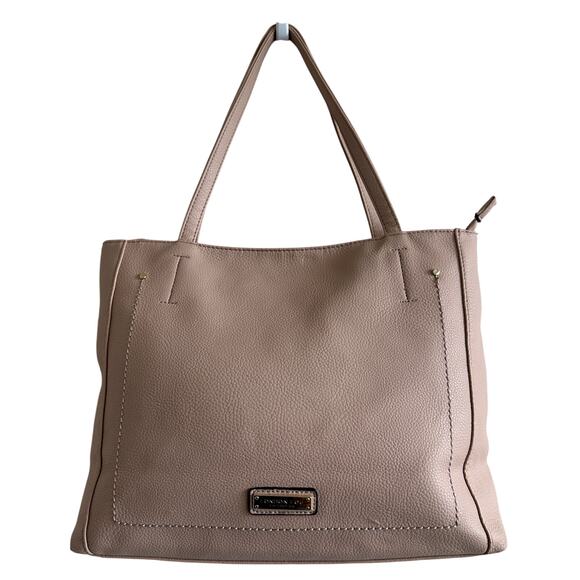 London Fog Handbags - London Fog Taupe Vegan Pebbled Leather Large Double Strap Zipper Shoulder Bag